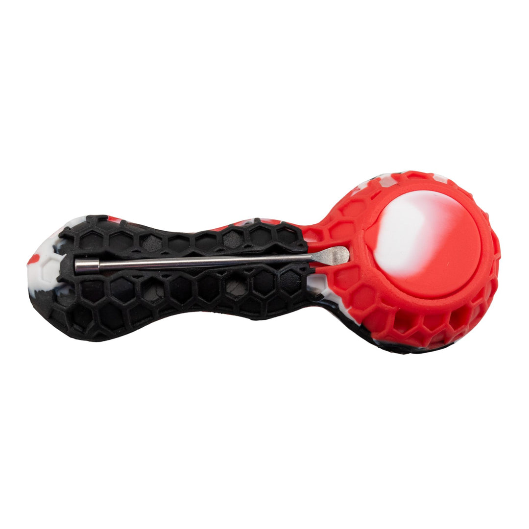 "Bottom of a red and black Silicone Bee Spoon that comes with a metal spoon tool and a storage compartment for herbs," - Up N Smoke.