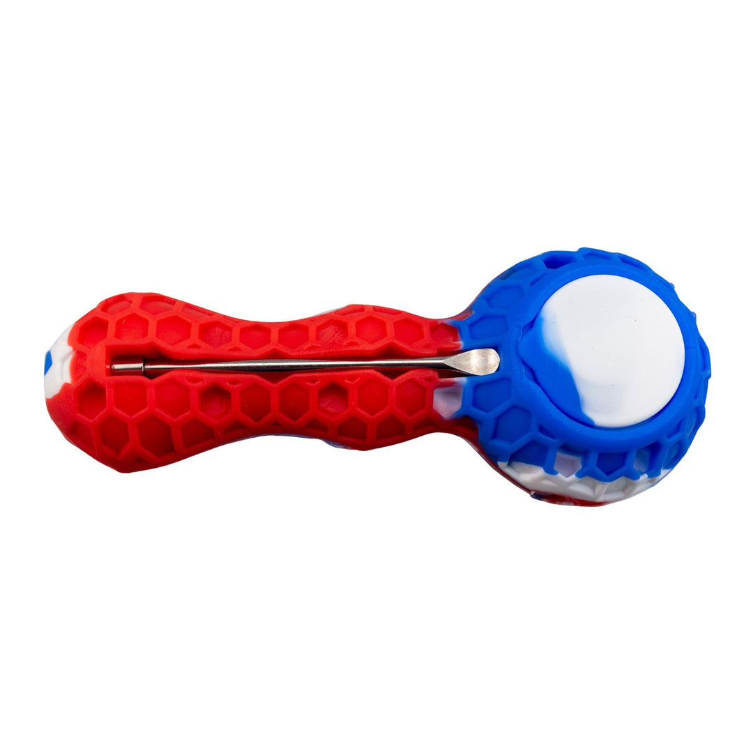 "Bottom of a red and blue Silicone Bee Spoon that comes with a metal spoon tool and a storage compartment for herbs," - Up N Smoke.
