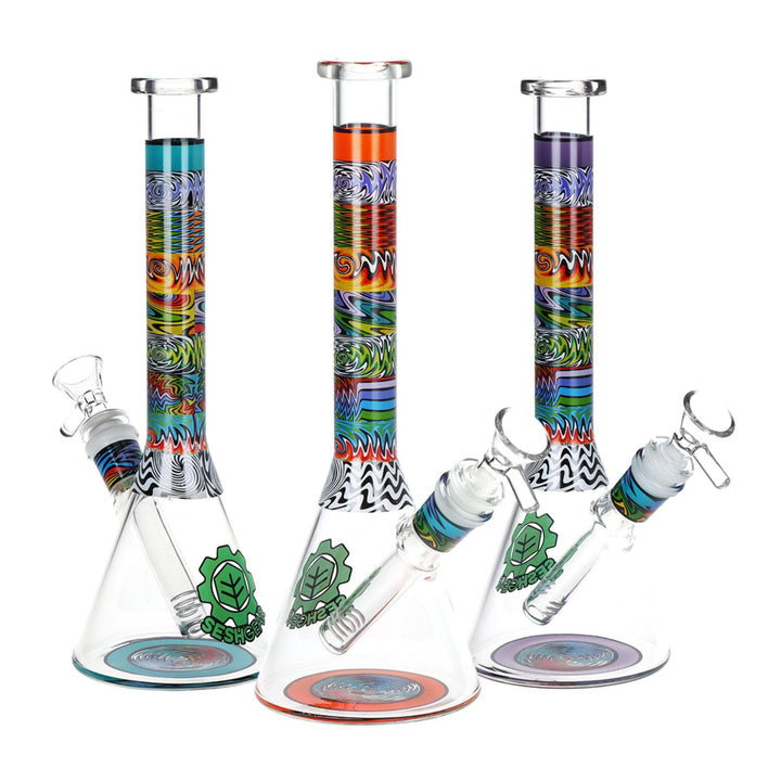 "Set of three SeshGear Technicolor Beakers in the colors purple, blue, and orange on a white background," - Up N Smoke.