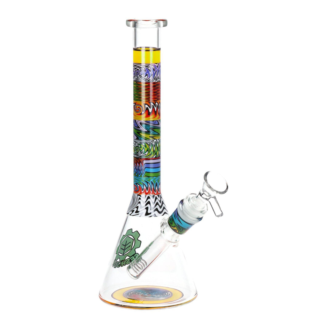 "Yellow SeshGear Technicolor Beaker that stands at 10'' and features vibrant patterns on the neck and base," - Up N Smoke.