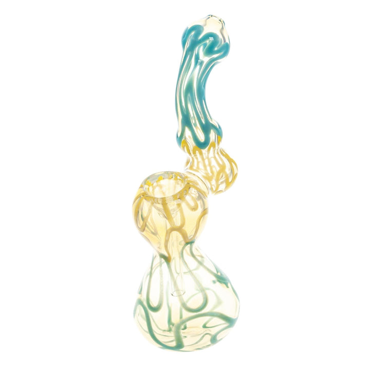 Sherlock Fumed Wavy Bubbler Blue with Yellow on a white background - Up N Smoke