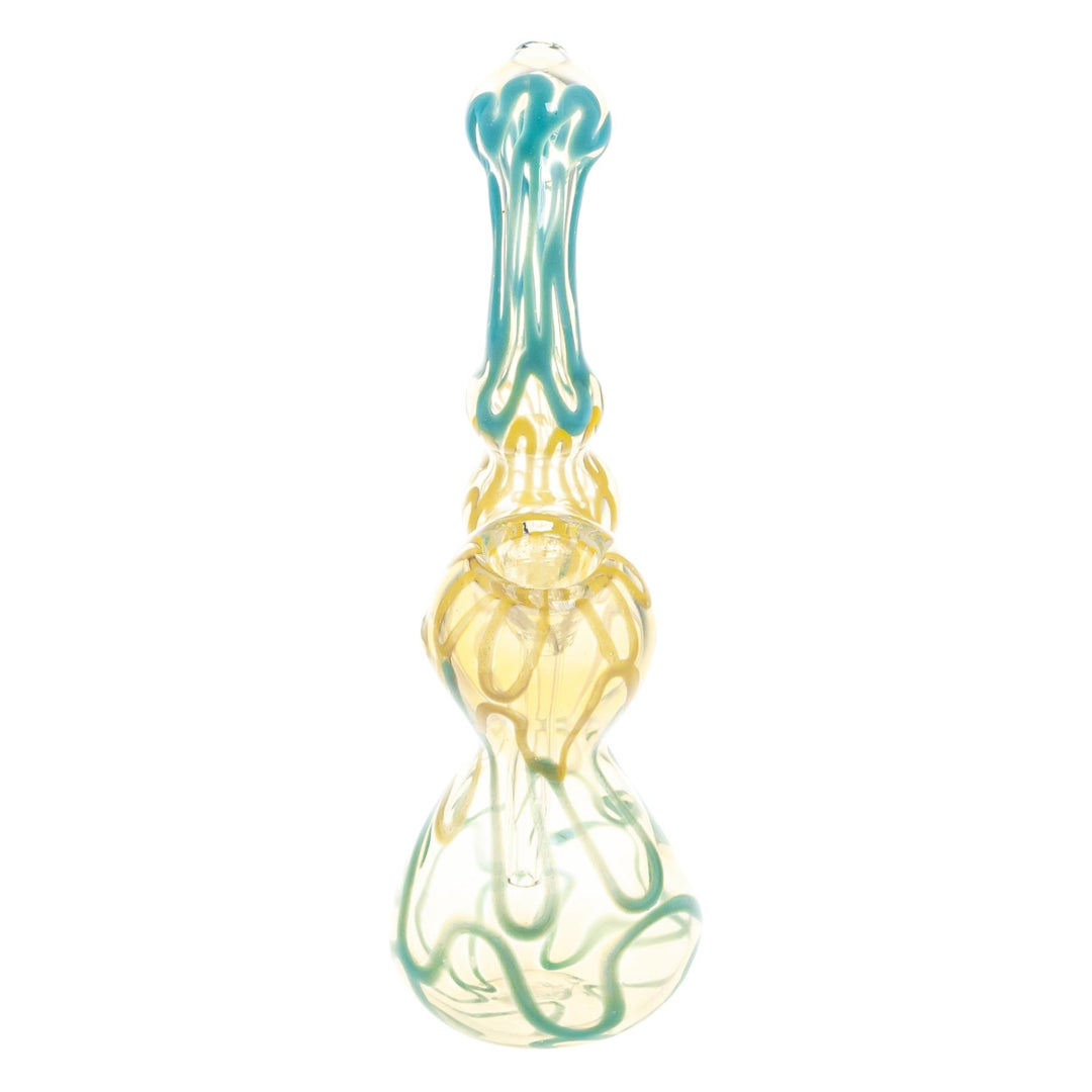 Sherlock Fumed Wavy Bubbler Blue with Yellow on a white background front angle - Up N Smoke