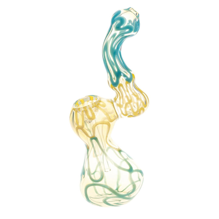 Sherlock Fumed Wavy Bubbler Blue with Yellow on a white background left side angle - Up N Smoke