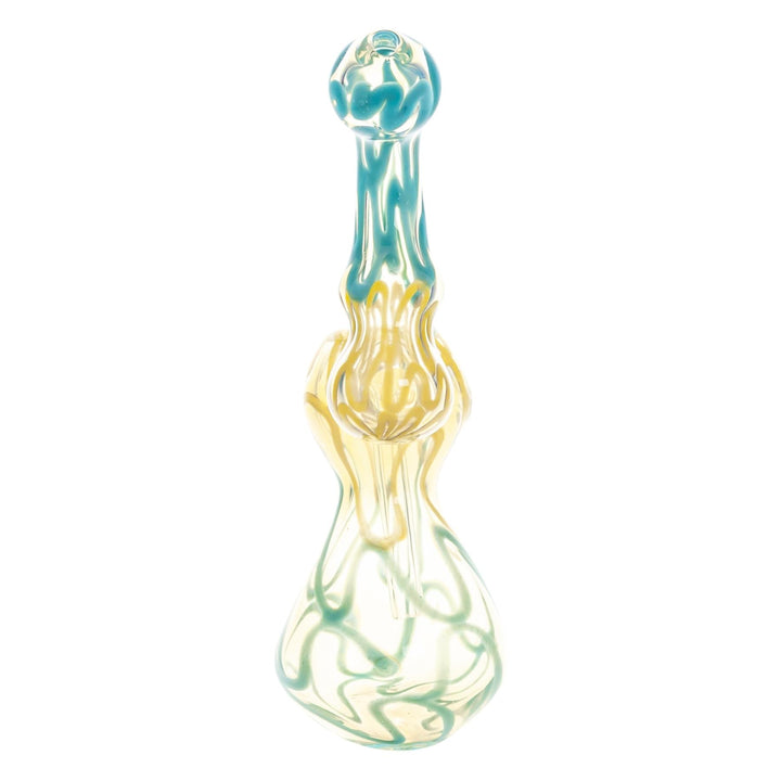 Sherlock Fumed Wavy Bubbler Blue with Yellow on a white background back angle - Up N Smoke