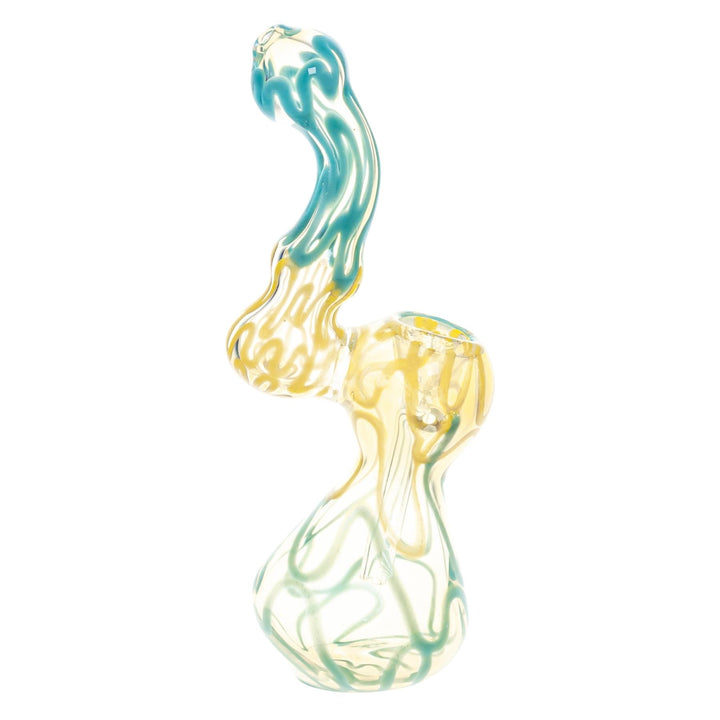 Sherlock Fumed Wavy Bubbler Blue with Yellow on a white background right angle - Up N Smoke