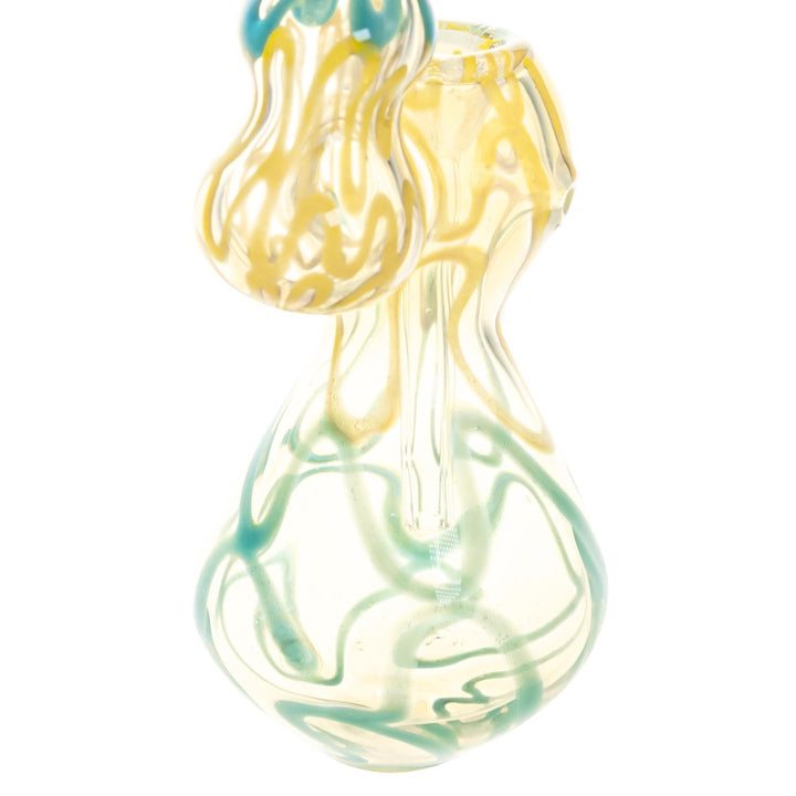 Sherlock Fumed Wavy Bubbler Blue with Yellow on a white background close-up angle - Up N Smoke