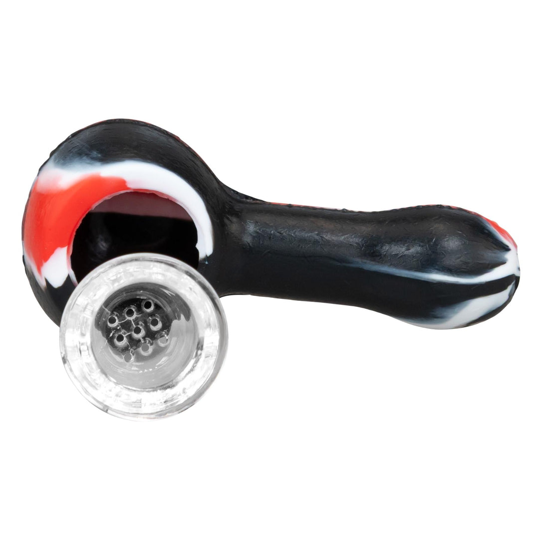 SheshGear Silicone Spoon red with black side angle with glass bowl detached color photo on a white background - Up N Smoke