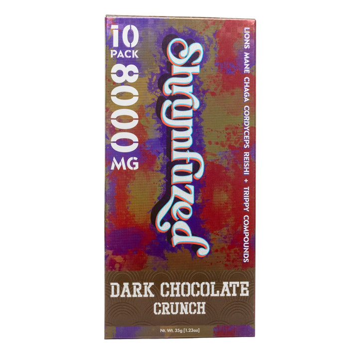 "Box of a Shrumfuzed Mushroom Dark Chocolate Crunch 10pk on a white background," - Up N Smoke.