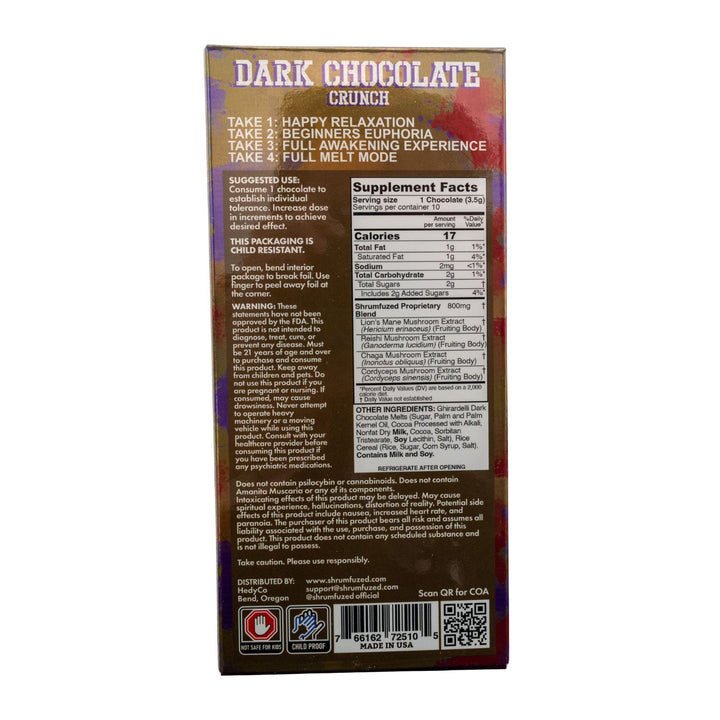 "Backside of a Shrumfuzed Mushroom Dark Chocolate Crunch 10pk candy bar, highlighting the supplement facts on a white background," - Up N Smoke.