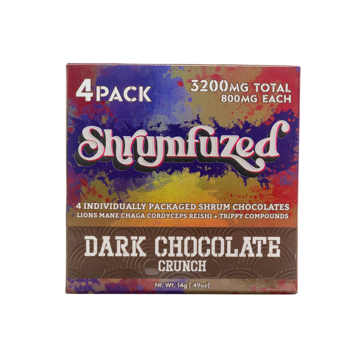 "Shrumfuzed Dark Chocolate Crunch 4pk that has 3200mg in total on a white background," - Up N Smoke.