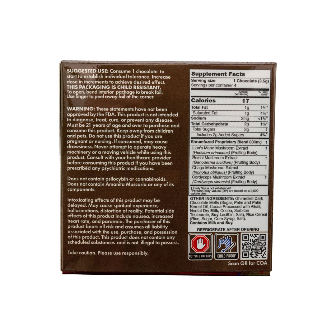 "Back label of a Shrumfuzed Dark Chocolate Crunch 4pk listing its supplement facts on a white background," - Up N Smoke.