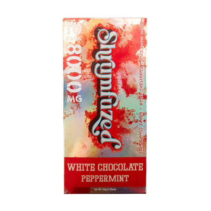 "Front packaging of a Shrumfuzed Mushroom White Chocolate Peppermint 10pk on a white background," - Up N Smoke.