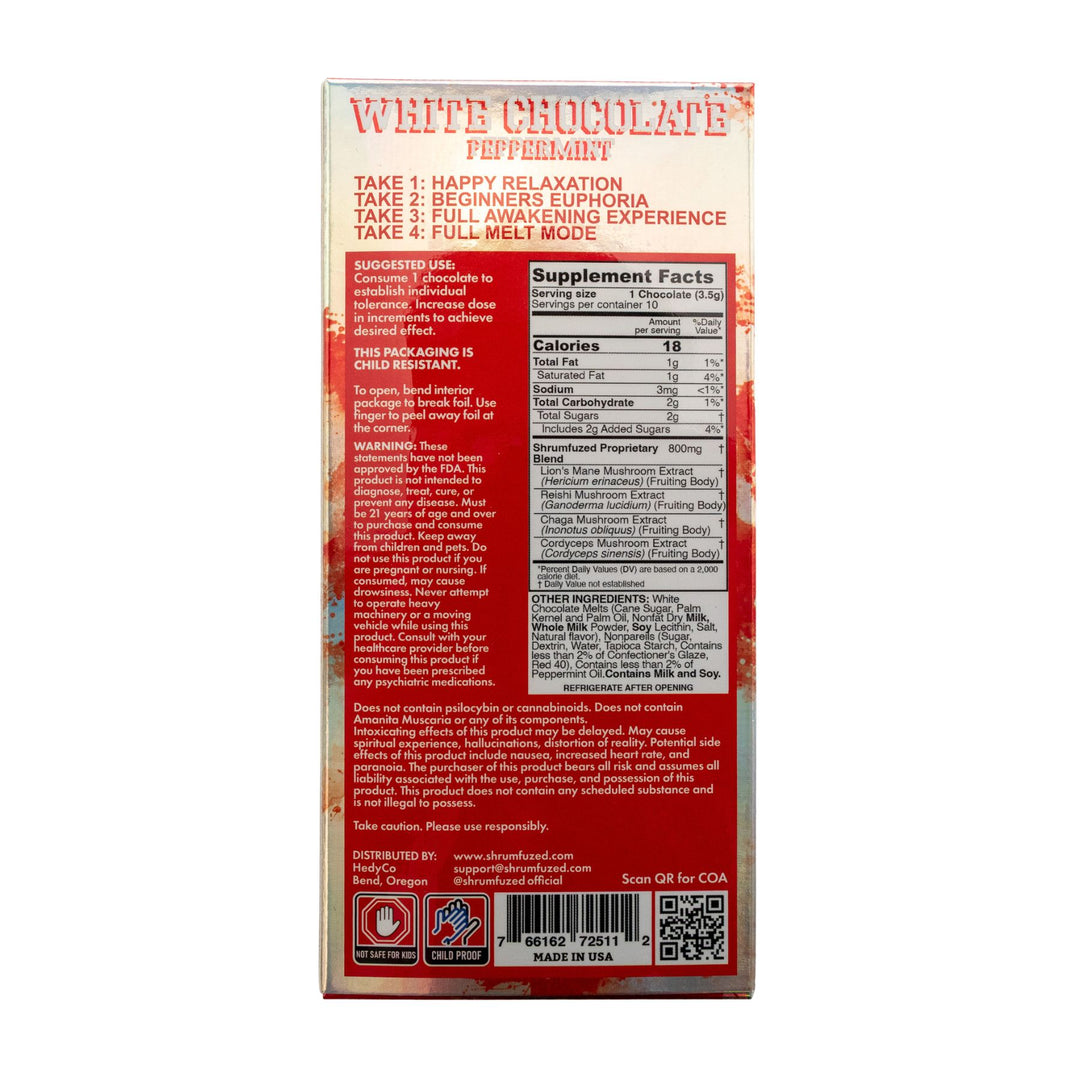 "Back of a Shrumfuzed Mushroom White Chocolate Peppermint 10pk on a white background," - Up N Smoke.
