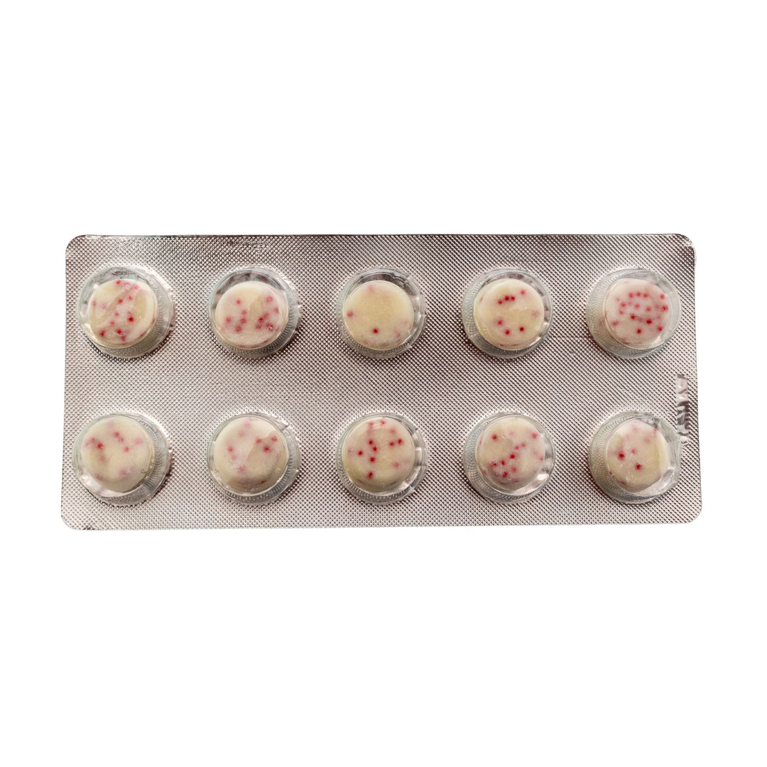 "Blister pack of 10 Shrumfuzed Mushroom White Chocolate Peppermint morsels on a white background," - Up N Smoke.