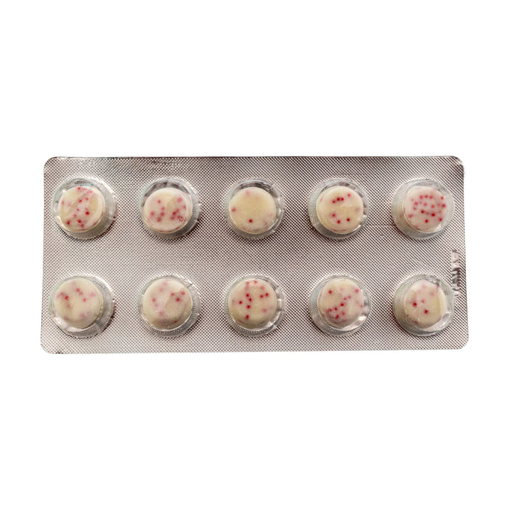 "Blister pack of 10 Shrumfuzed Mushroom White Chocolate Peppermint morsels on a white background," - Up N Smoke.