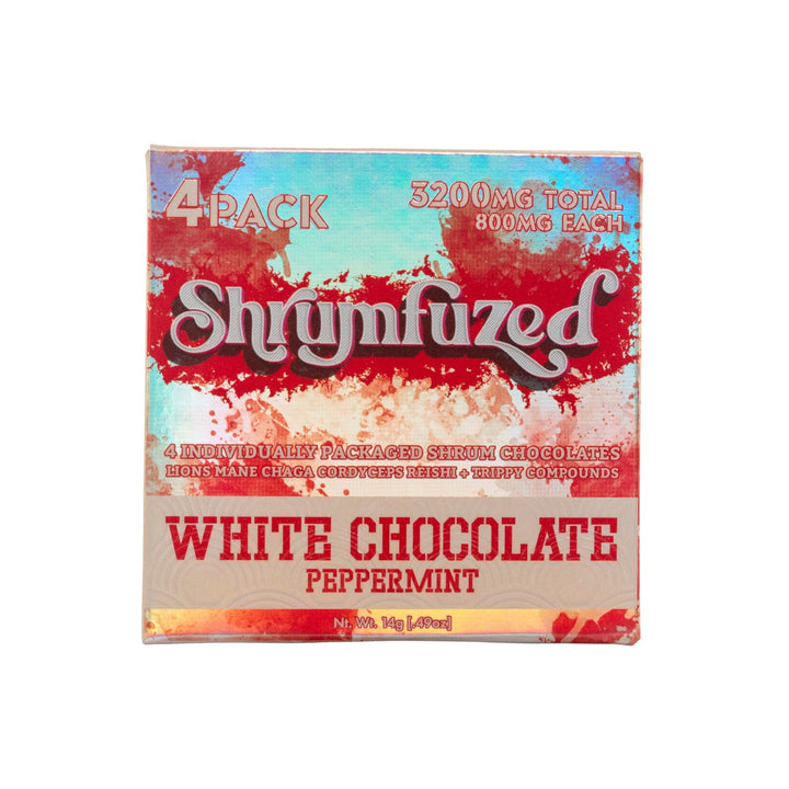 "Packaging of a Shrumfuzed Mushroom White Chocolate 4pk on a white background," - Up N Smoke.