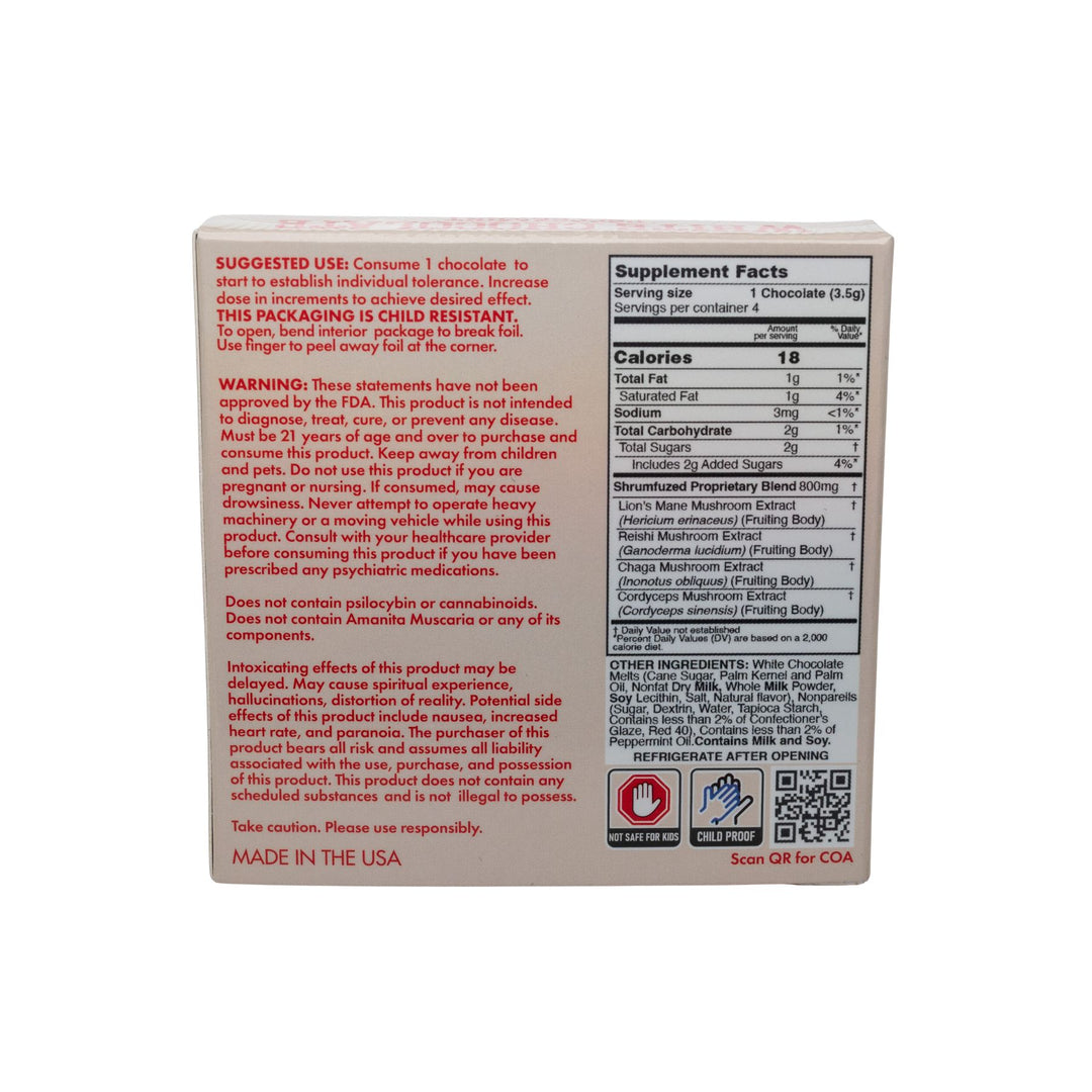 "Back of a Shrumfuzed Mushroom White Chocolate Peppermint 4pk with the supplement facts on a white background," - Up N Smoke.