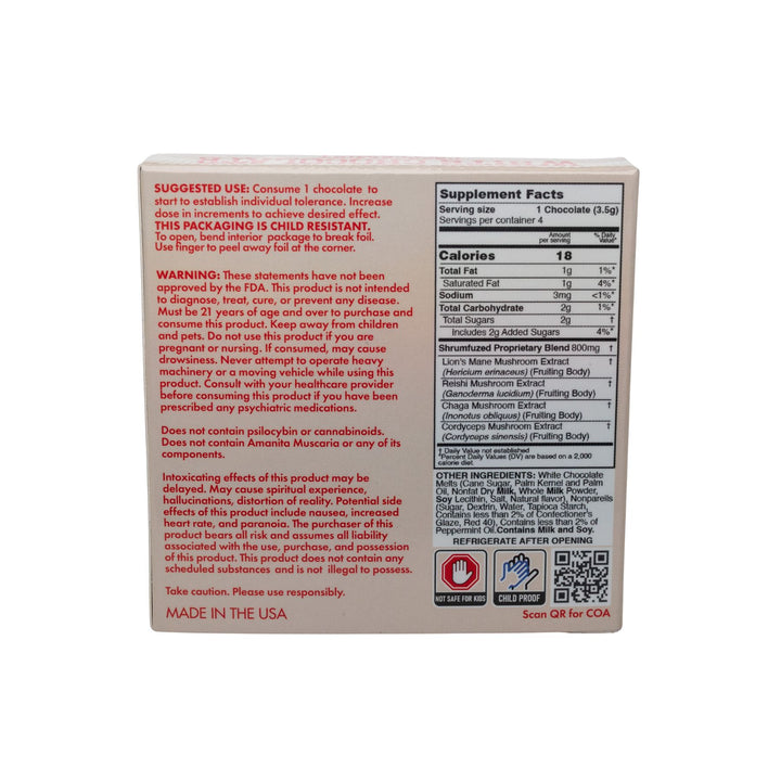 "Back of a Shrumfuzed Mushroom White Chocolate Peppermint 4pk with the supplement facts on a white background," - Up N Smoke.