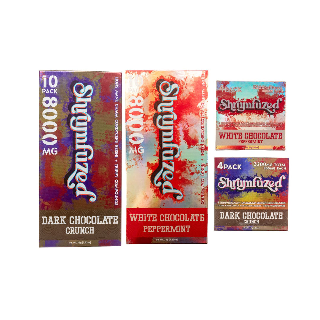 "Collection of Shrumfuzed Mushroom Chocolates in the flavor variations Dark Chocolate Crunch and White Chocolate Peppermint on a white background," - Up N Smoke.