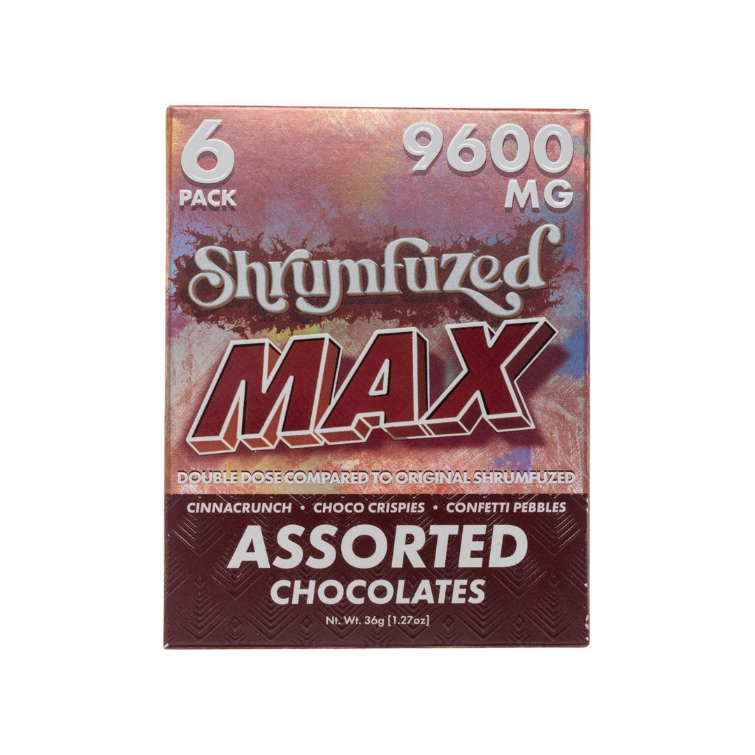"Box of Shrumfuzed Max Mushroom Assorted Chocolate on a white background," - Up N Smoke.