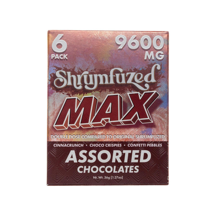 "Box of Shrumfuzed Max Mushroom Assorted Chocolate on a white background," - Up N Smoke.