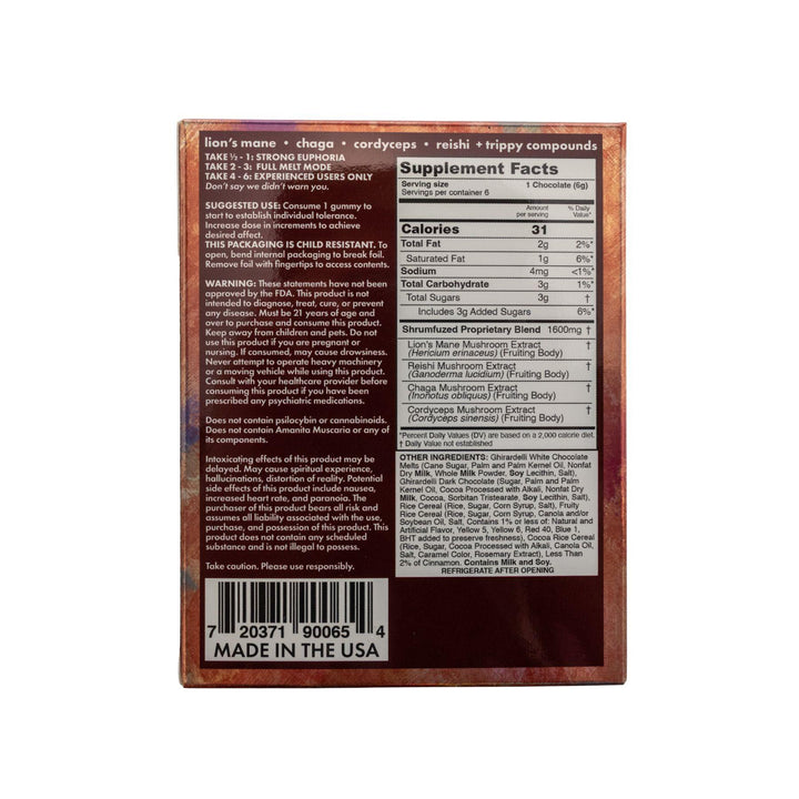 "Supplement label of a Shrumfuzed Max Mushroom Chocolate 6pk with detailed nutritional information and ingredients on a white background," - Up N Smoke.