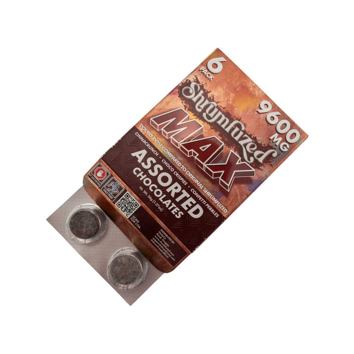 "Slightly open Shrumfuzed Max Mushroom Chocolate 6pk on a white background," - Up N Smoke.