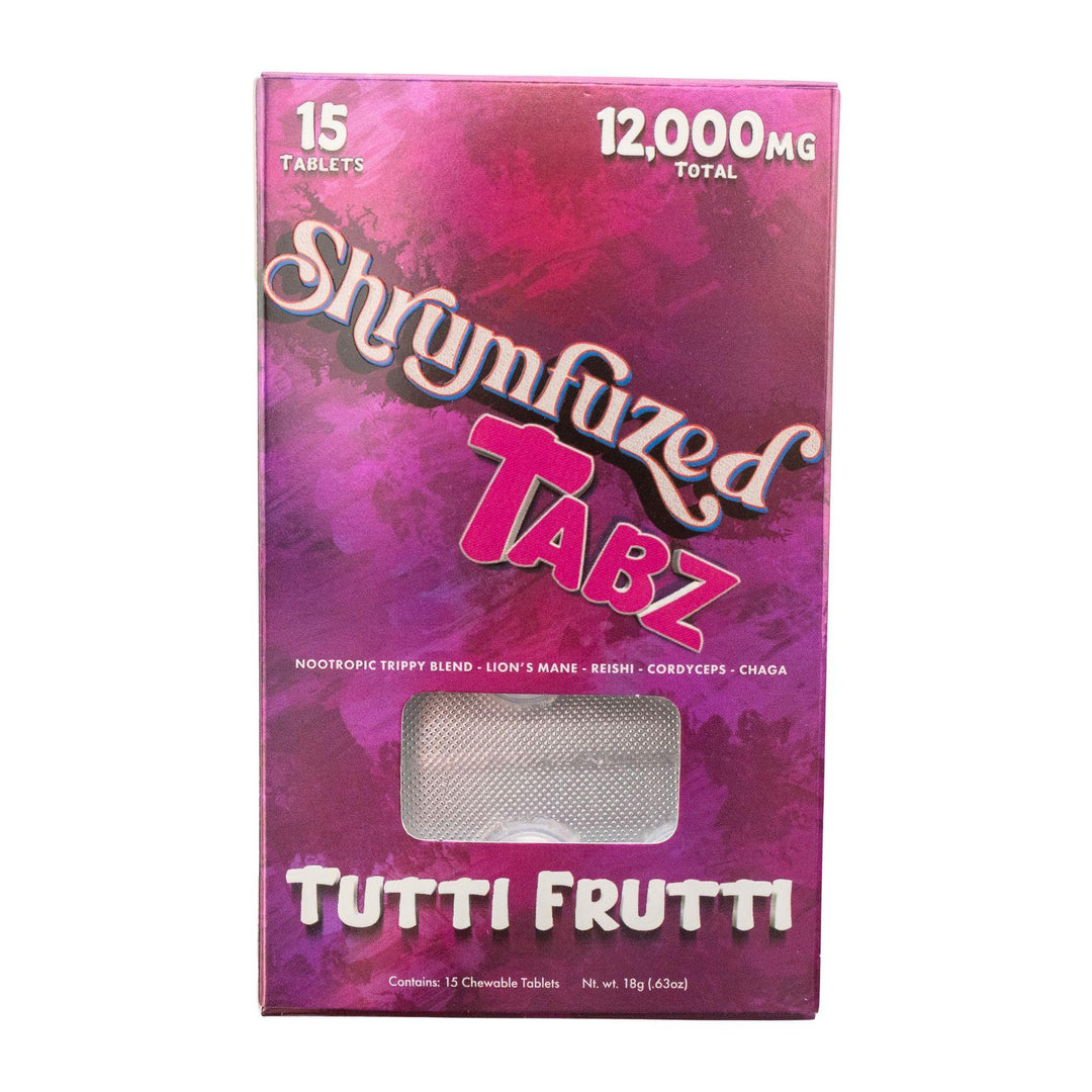 "Shrumfuzed Tutti Frutti Mushroom Tabs 15pk on a white background," - Up N Smoke.
