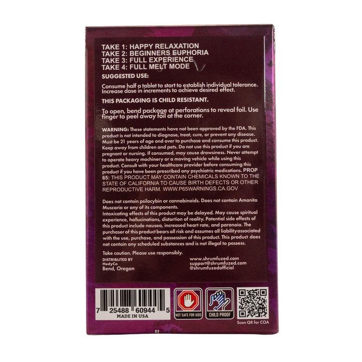 "Back of a Shrumfuzed Mushroom Tablet 15pk in the flavor variation Tutti Frutti on a white background," - Up N Smoke.