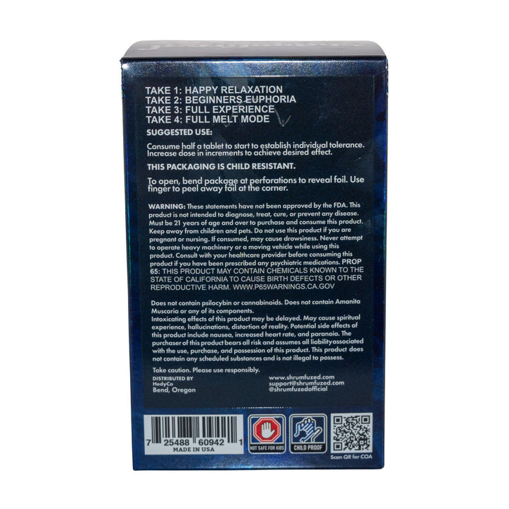 "Back info label for a Blue Slushee Shrumfuzed Mushroom Tablet 15pk on a white background," - Up N Smoke.