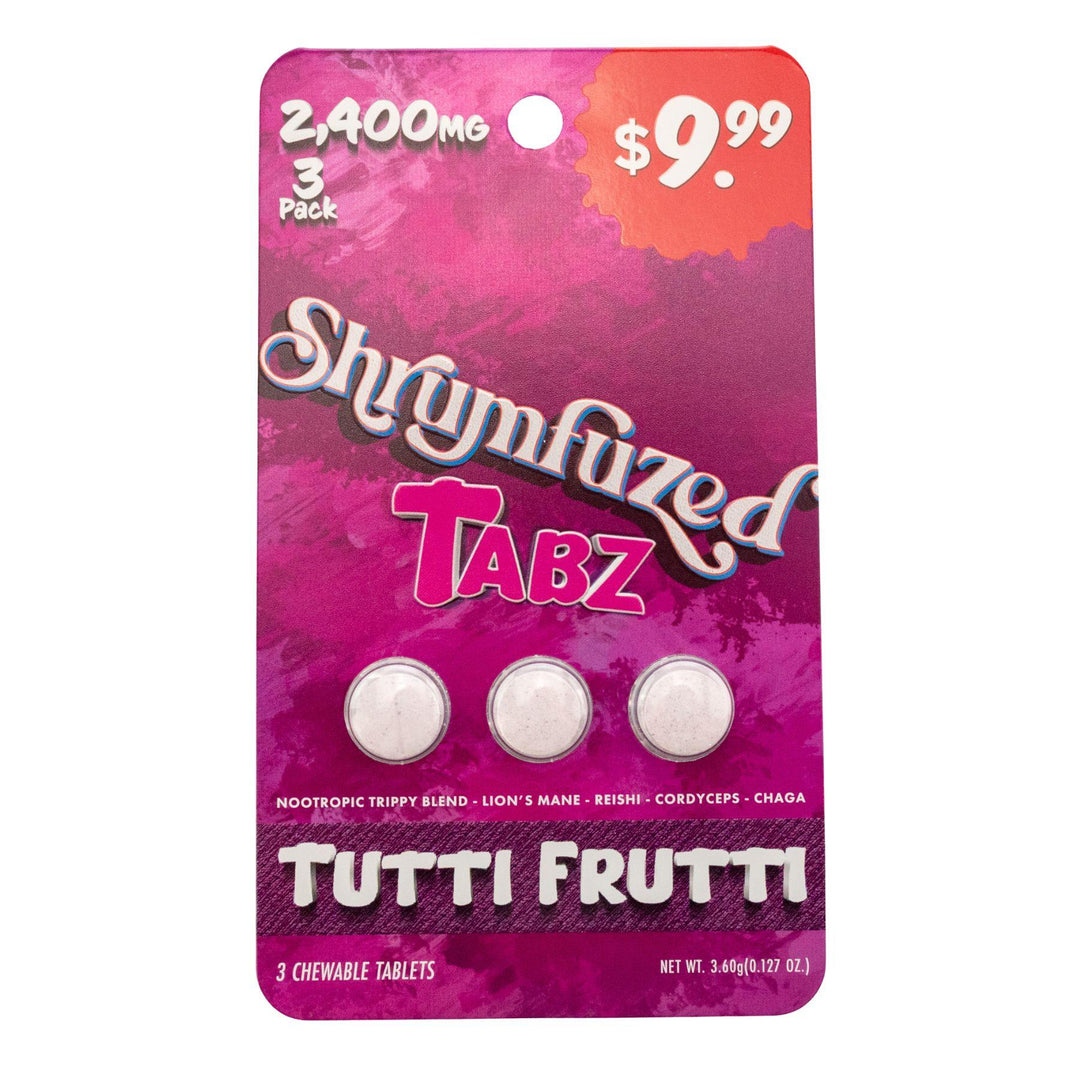 "Shrumfuzed Mushroom Tablet 3pk in the flavor variation Tutti Frutti on a white background," - Up N Smoke.