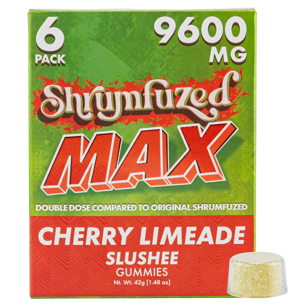 Shrumfuzed Max 9600MG Mushroom Gummies Cherry Limeade Slushee box with gummy on a white background - Up N Smoke