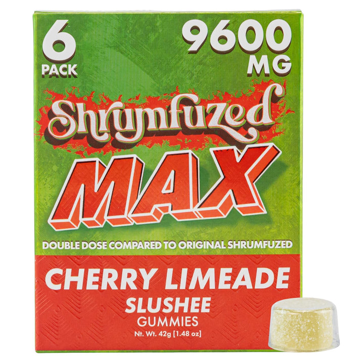 Shrumfuzed Max 9600MG Mushroom Gummies Cherry Limeade Slushee box with gummy on a white background - Up N Smoke