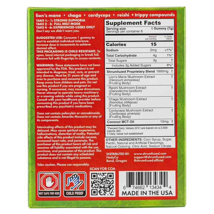 Shrumfuzed Max 9600MG Mushroom Gummies Cherry Limeade Slushee box supplement facts on a white background - Up N Smoke