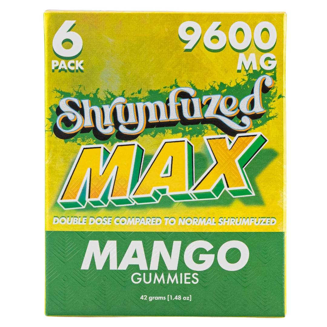Shrumfuzed Max 9600MG Mushroom Gummies Mango front of packaging on a white background - Up N Smoke