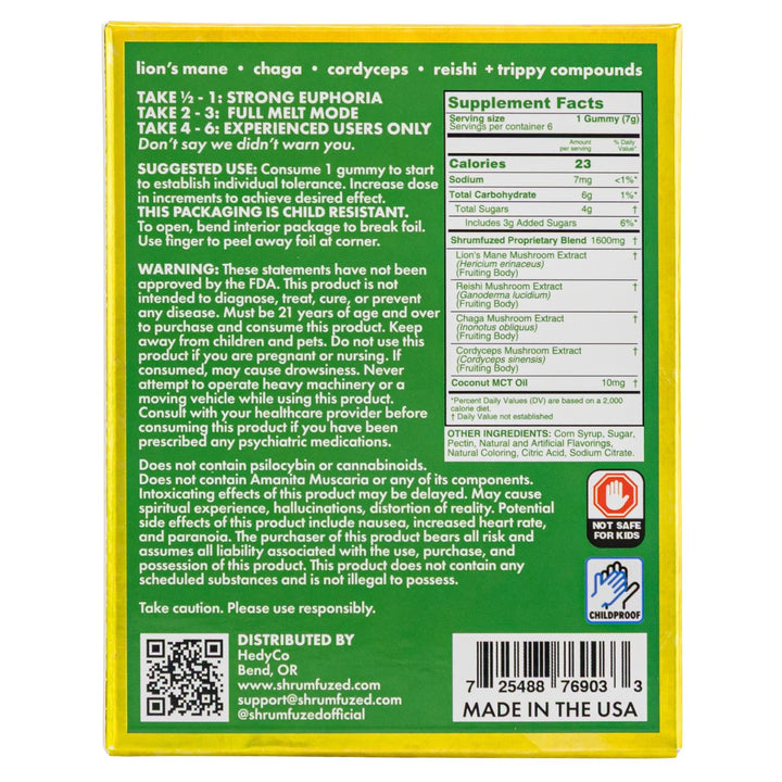 Shrumfuzed Max 9600MG Mushroom Gummies Mango back of packaging on a white background - Up N Smoke