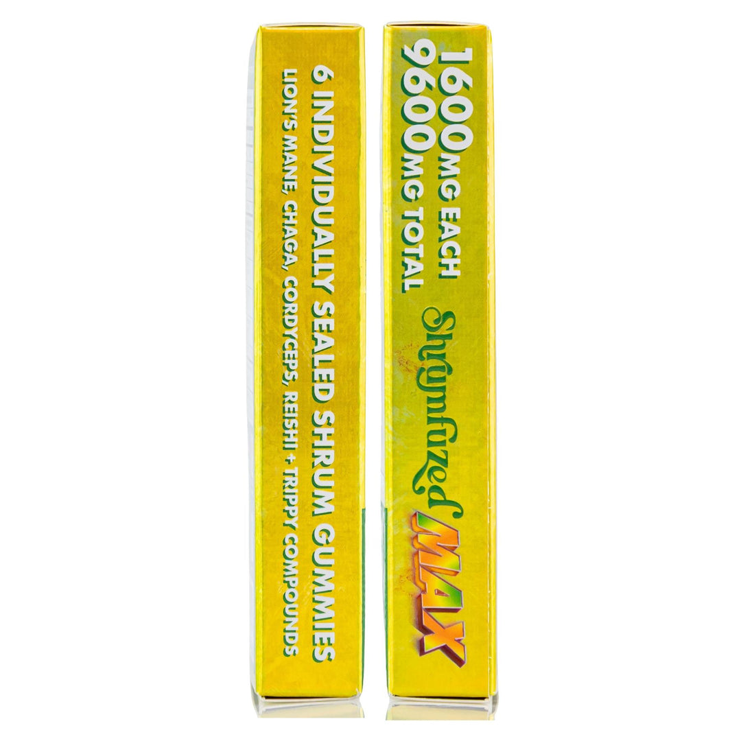Shrumfuzed Max 9600MG Mushroom Gummies Mango side of packaging on a white background - Up N Smoke