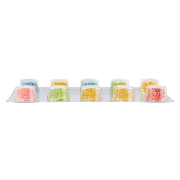 Shrumfuzed Mushroom Gummies 10 pack low angle on a white background - Up N Smoke