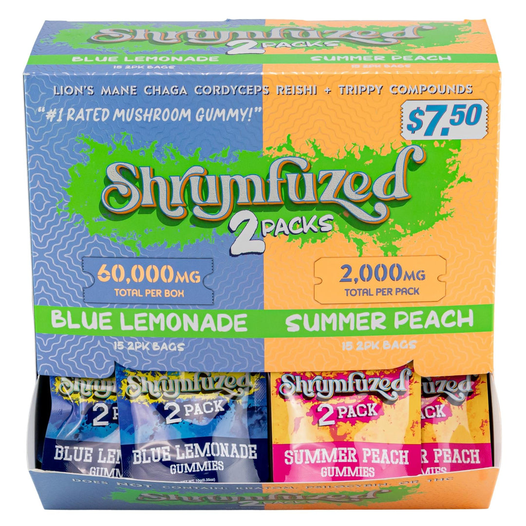 Shroomfuzed 2 Packs packaging with blue lemonade and summer peach gummies - Up N Smoke