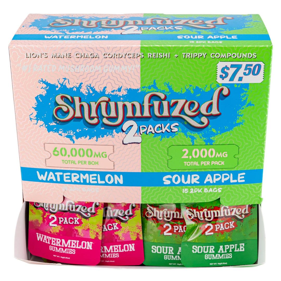 Shroomfuzed gummies packaging with watermelon and sour apple flavors on a white background - Up N Smoke
