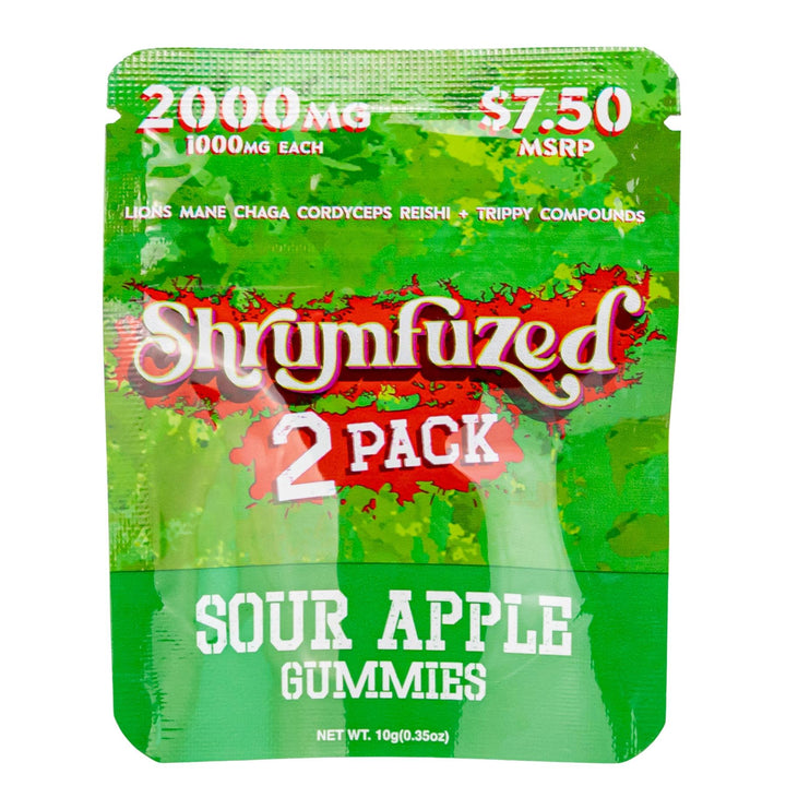 Shroomfuzed Sour Apple Gummies 2-pack packaging on a white background - Up N Smoke