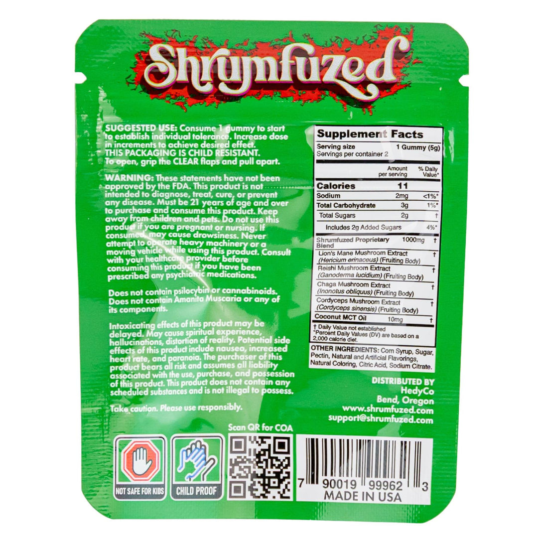 Shroomfuzed Sour Apple Gummies 2-pack packaging back side on a white background - Up N Smoke