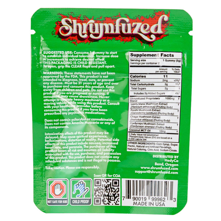 Shroomfuzed Sour Apple Gummies 2-pack packaging back side on a white background - Up N Smoke