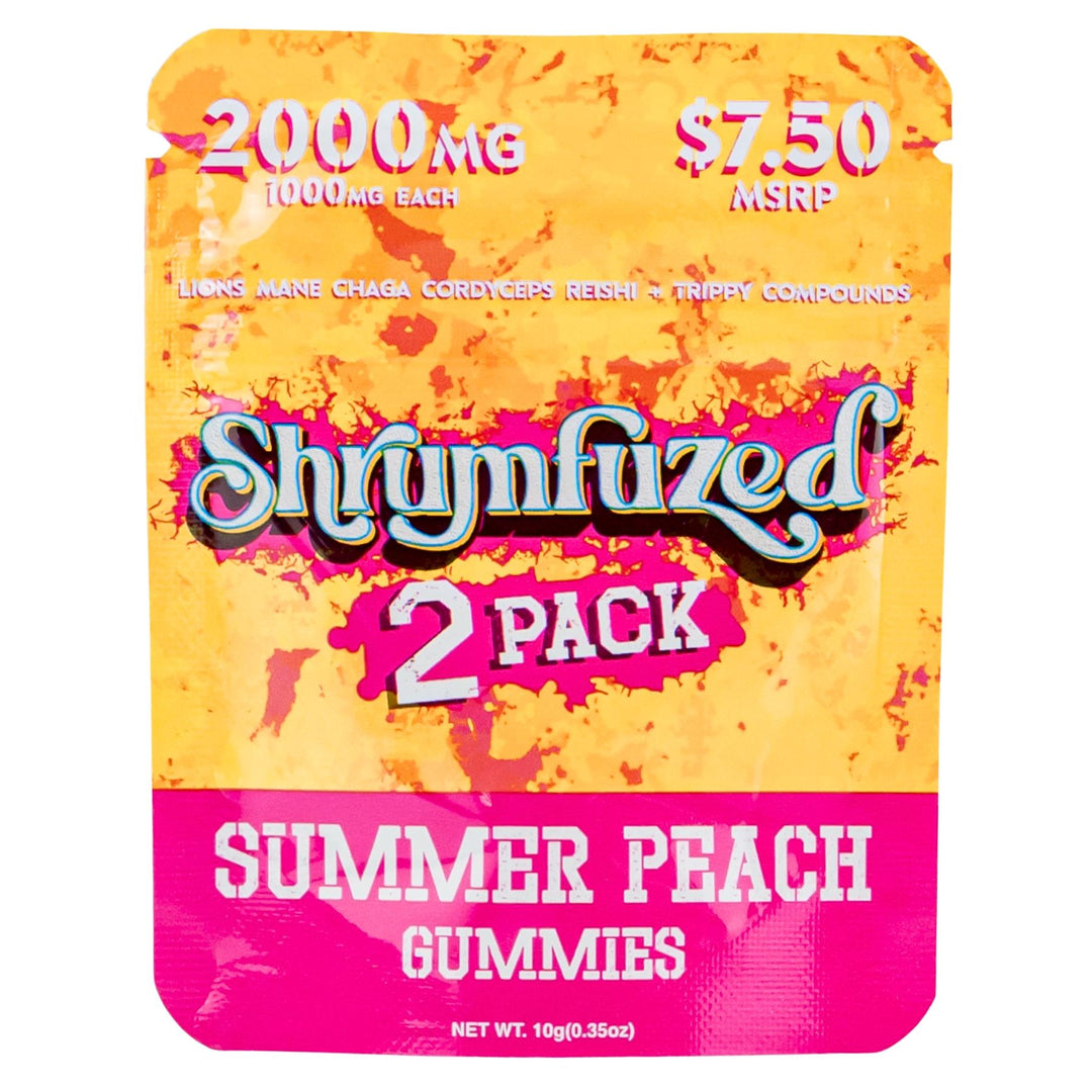 Shroomfuzed Summer Peach Gummies 2-pack packaging with vibrant colors and text - Up N Smoke