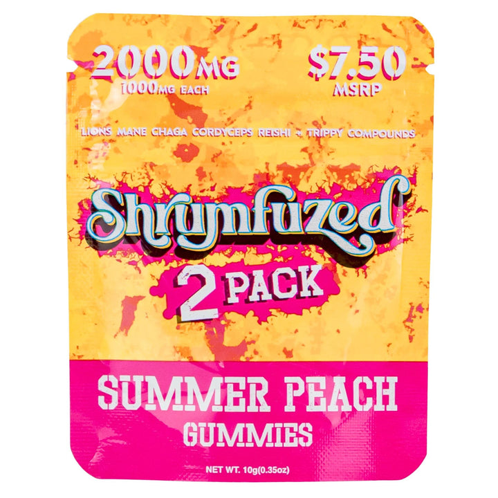 Shroomfuzed Summer Peach Gummies 2-pack packaging with vibrant colors and text - Up N Smoke