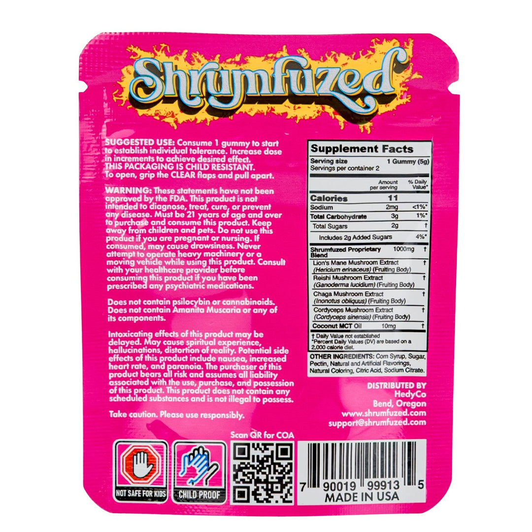 Shroomfuzed Summer Peach Gummies 2-pack packaging back side with vibrant colors and text - Up N Smoke