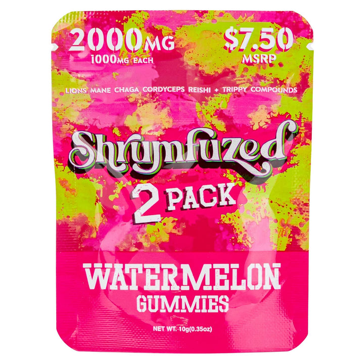 Shroomfuzed watermelon gummies 2-pack packaging with pink and green design - Up N Smoke