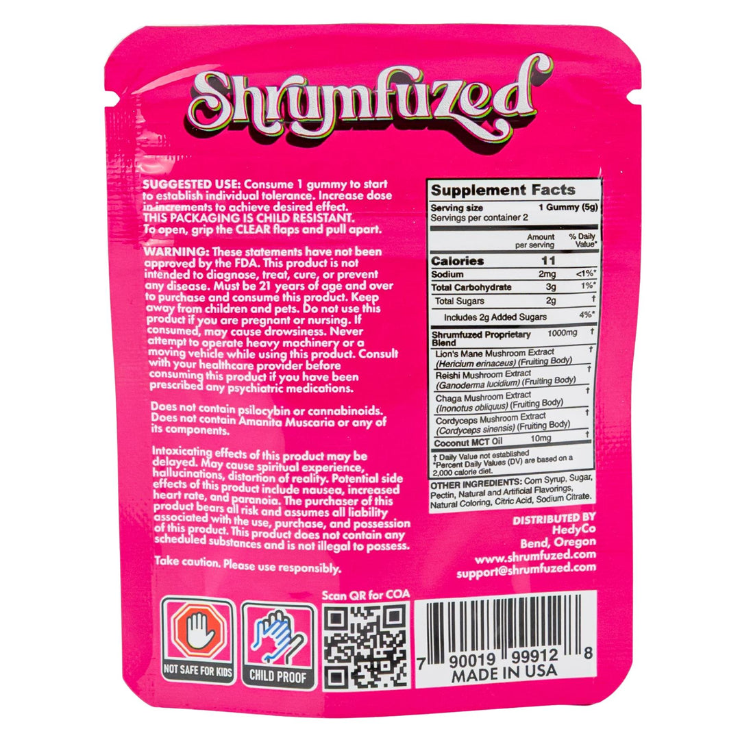 Shroomfuzed watermelon gummies 2-pack packaging back side with pink - Up N Smoke