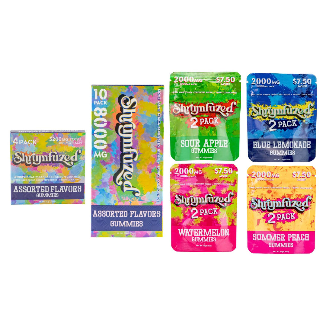 Assorted Shugnuzed gummies packaging on a white background - Up N Smoke