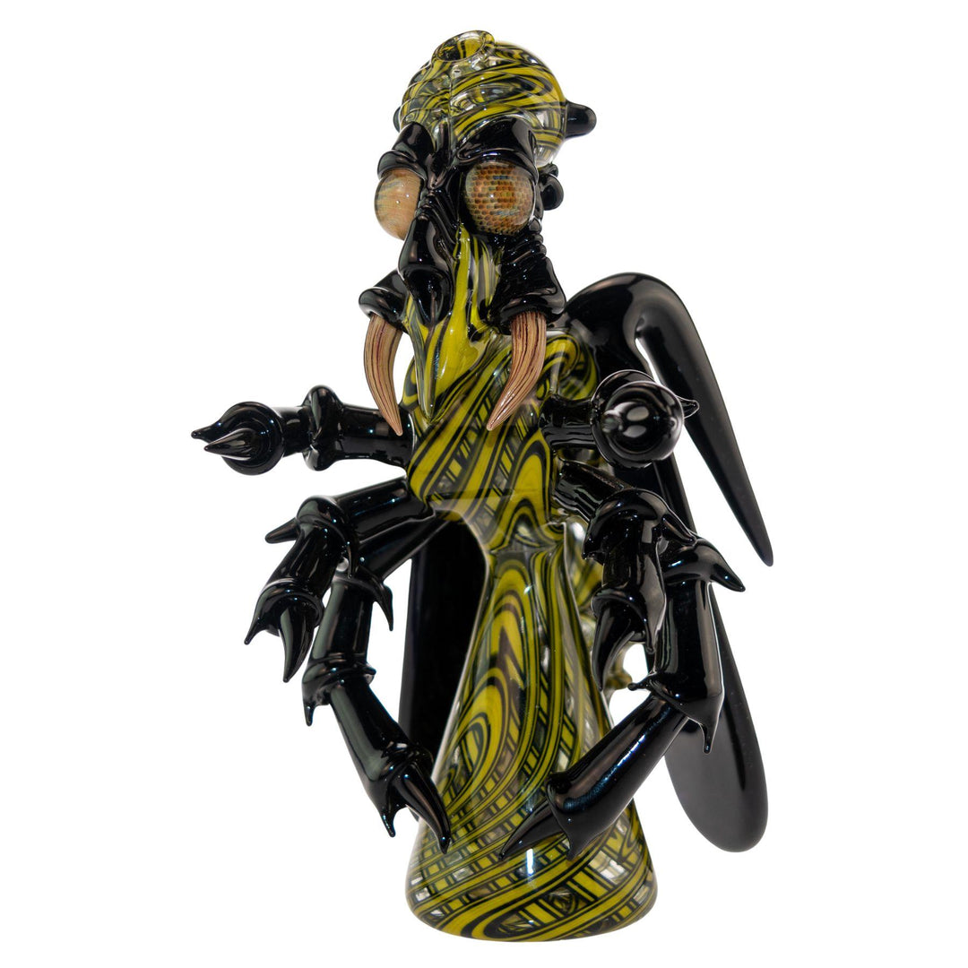 "Heady functional glass sculpture of a Shuhbuh Glass Wasp Rig that is handblown and made in Arizona on a white background," - Up N Smoke.